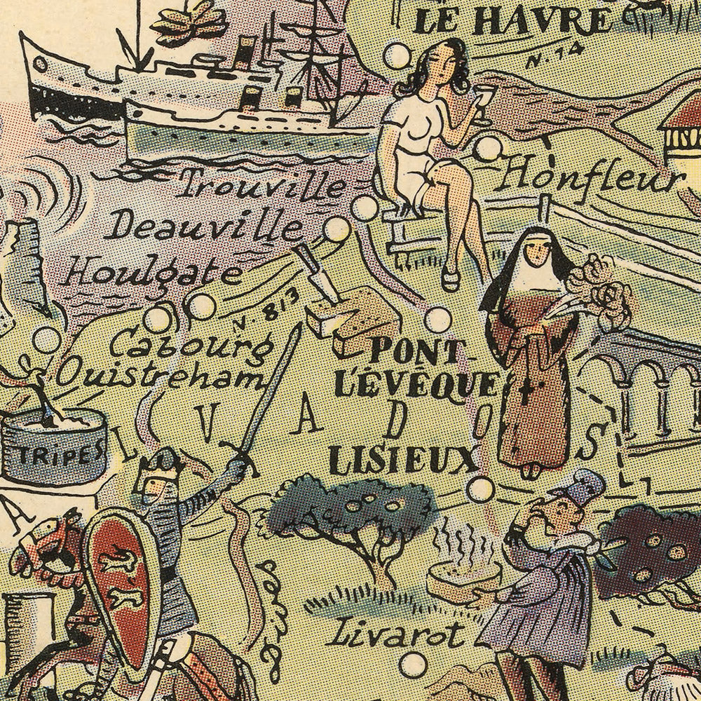 Old Pictorial Map of Normandy by Liozu, 1951: Rouen, Le Havre, Mont Saint-Michel, D-Day Beaches, Caen