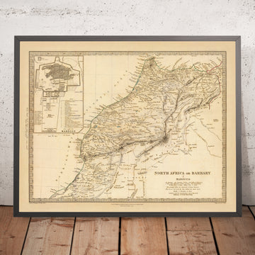 Mapa antiguo de Marruecos por SDUK, 1836: Tribus bereberes y amazigh, Montañas Atlas, Desierto del Sahara, Marrakech, Fez, Casablanca 
