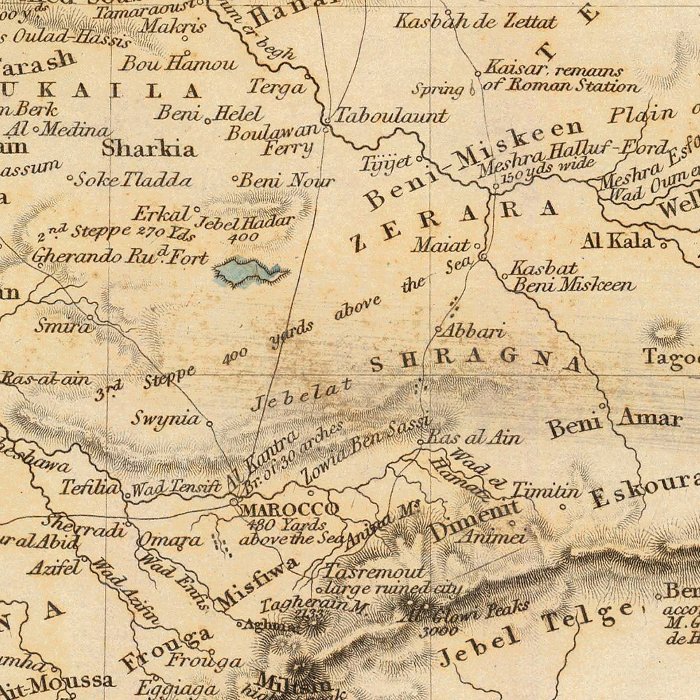 Ancienne carte du Maroc, 1836 : montagnes de l'Atlas, désert du Sahara, Marrakech, Fès, Casablanca