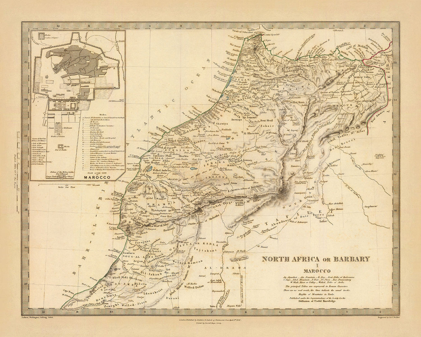 Ancienne carte du Maroc, 1836 : montagnes de l'Atlas, désert du Sahara, Marrakech, Fès, Casablanca