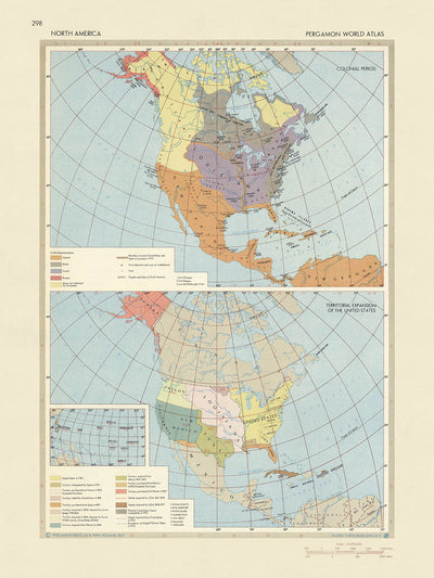 Antiguo mapa infográfico de la era colonial y la expansión de América del Norte realizado por el Servicio de Topografía del Ejército Polaco, 1967: Compra de Luisiana, Compra de Gadsden, Territorios Nativos Americanos