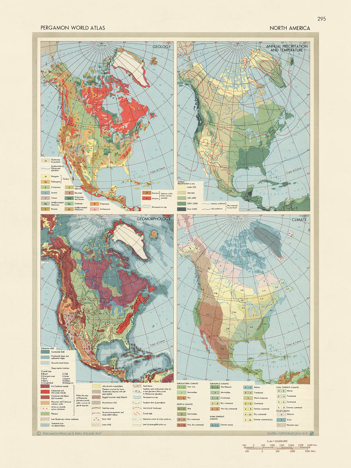 Old Infographic Map of North American Geology, 1967: Geomorphology, Climate, Rainfall