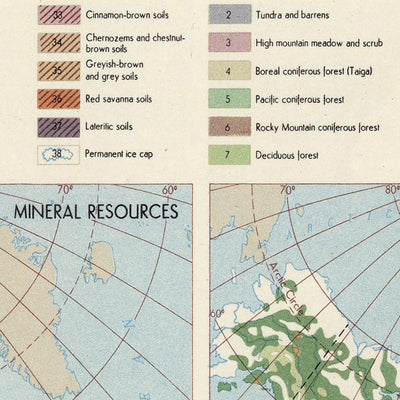 Mapa infográfico de América del Norte realizado por el Servicio de Topografía del Ejército Polaco, 1967: Uso de la tierra, vegetación, recursos minerales