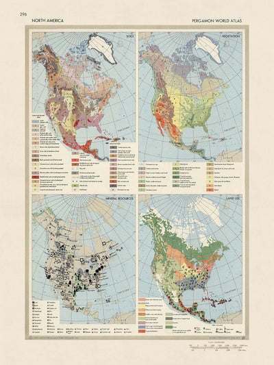 Mapa infográfico de América del Norte realizado por el Servicio de Topografía del Ejército Polaco, 1967: Uso de la tierra, vegetación, recursos minerales