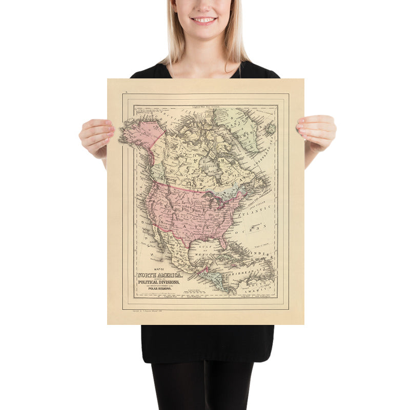 Ancienne carte de l'Amérique du Nord par Mitchell, 1884 : New York, Rocheuses, Baie d'Hudson, régions polaires, Mexico