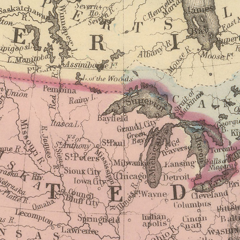 Ancienne carte de l'Amérique du Nord par Mitchell, 1884 : New York, Rocheuses, Baie d'Hudson, régions polaires, Mexico