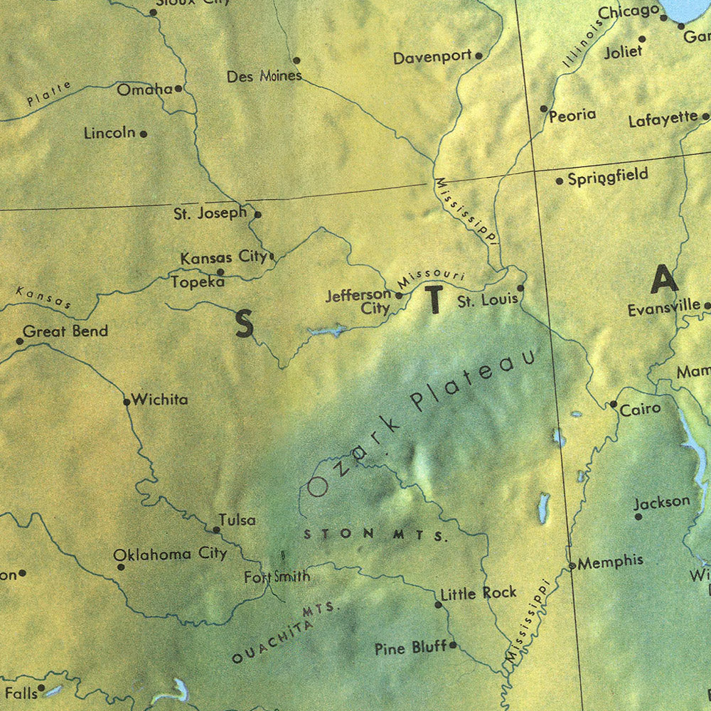 Mapa del Viejo Mundo de América del Norte por Debenham, 1958: relieve detallado, límites políticos y cadenas montañosas