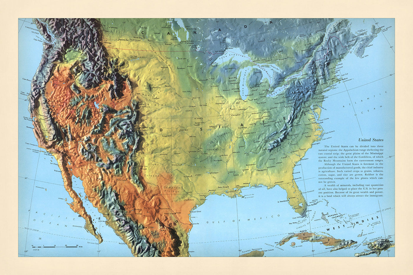 Mapa del Viejo Mundo de América del Norte por Debenham, 1958: relieve detallado, límites políticos y cadenas montañosas