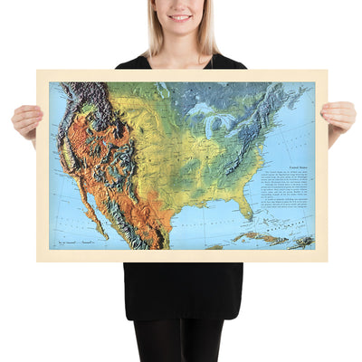 Carte du vieux monde de l'Amérique du Nord par Debenham, 1958 : relief détaillé, frontières politiques, chaînes de montagnes