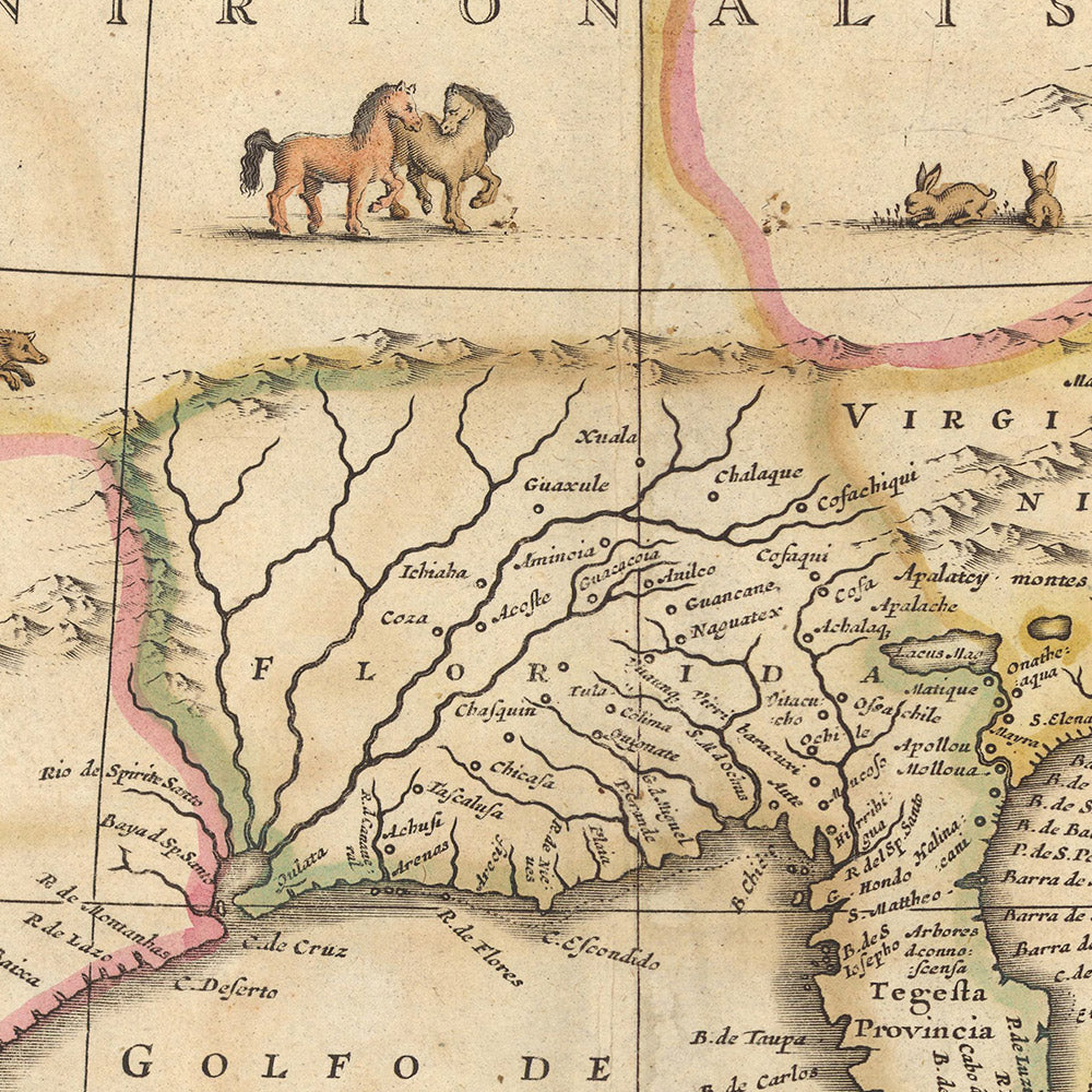 Ancienne carte de l'Amérique du Nord par Visscher, 1690 : Amérique centrale, Caraïbes, Mexico, Washington, Triangle des Bermudes