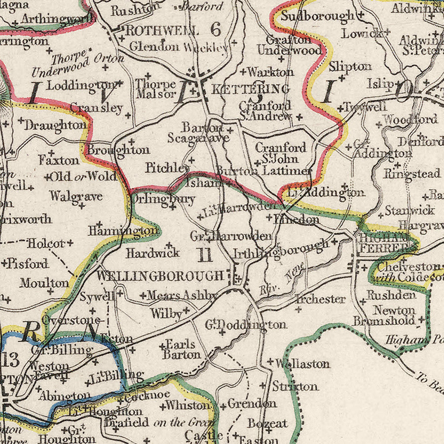 Old Map of Northamptonshire by Samuel Lewis, 1844: Northampton, Kettering, Corby, Wellingborough, and Rushden