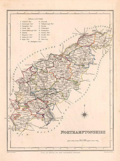 Old Map of Northamptonshire by Samuel Lewis, 1844: Northampton, Kettering, Corby, Wellingborough, and Rushden