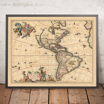 Mappa antica delle Americhe di Visscher, 1690: America Centrale, Caraibi, Polinesia, Isole Atlantiche, Foresta Amazzonica 