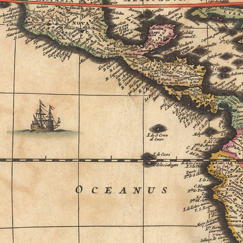 Ancienne carte des Amériques par Visscher, 1690 : Amérique centrale, Caraïbes, Polynésie, îles de l'Atlantique, forêt amazonienne