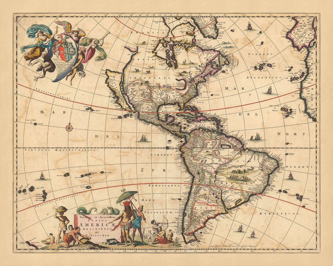 Alte Karte von Amerika von Visscher, 1690: Mittelamerika, Karibik, Polynesien, Atlantikinseln, Amazonas-Regenwald