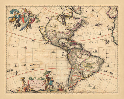 Old Map of the Americas by Visscher, 1690: Central America, Caribbean, Polynesia, Atlantic Islands, Amazon Rainforest
