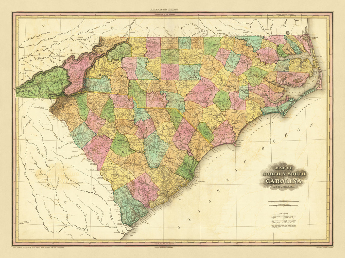 Ancienne carte de la Caroline du Nord et du Sud par Tanner, 1823 : Charleston, Columbia, Charlotte, Raleigh et Wilmington