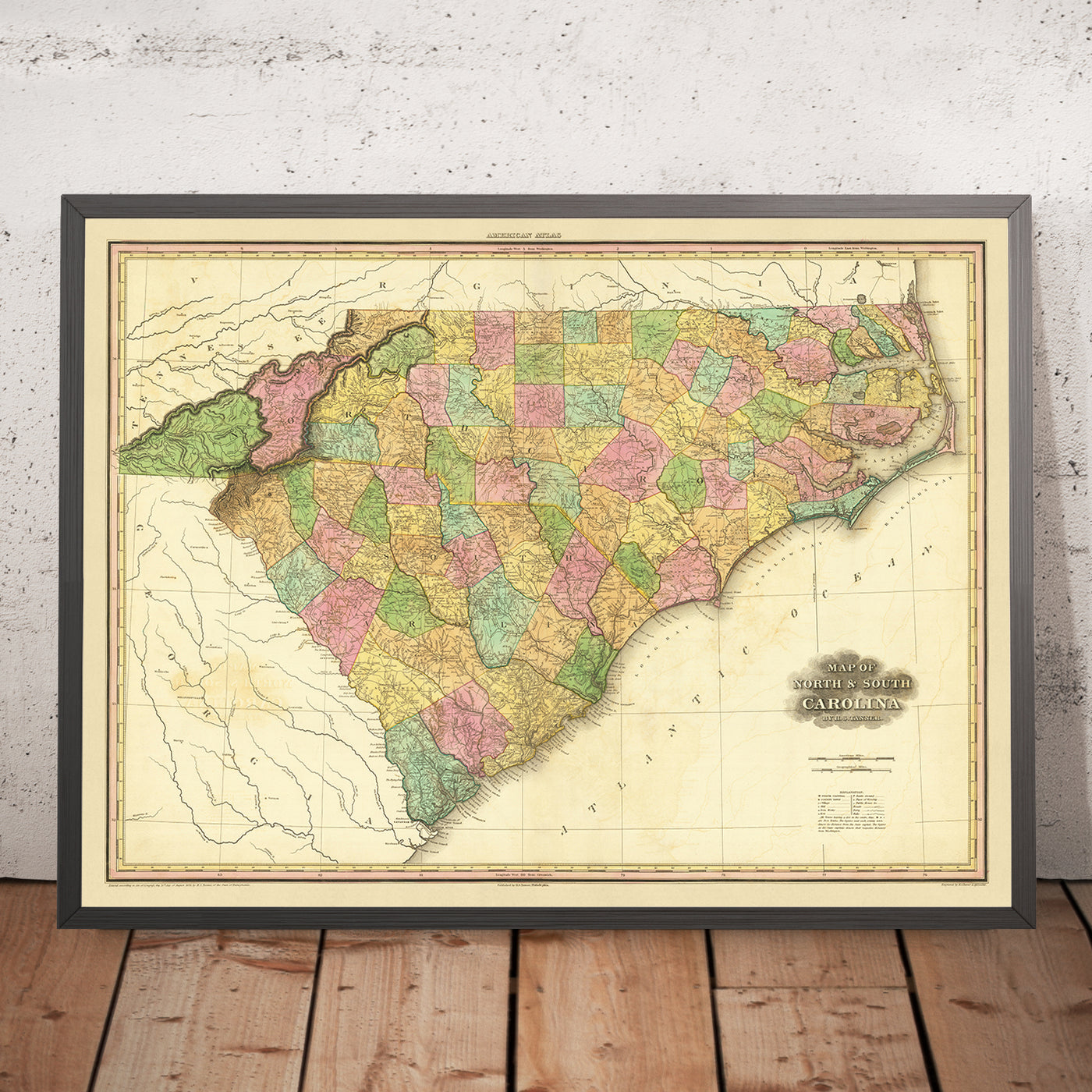 Ancienne carte de la Caroline du Nord et du Sud par Tanner, 1823 : Charleston, Columbia, Charlotte, Raleigh et Wilmington