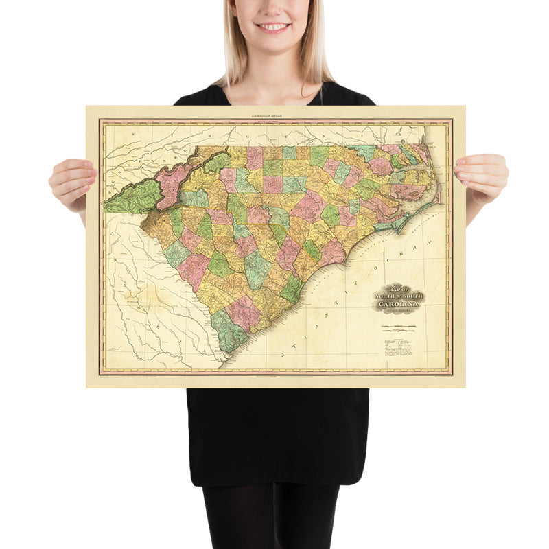 Mapa antiguo de Carolina del Norte y del Sur de Tanner, 1823: Charleston, Columbia, Charlotte, Raleigh y Wilmington