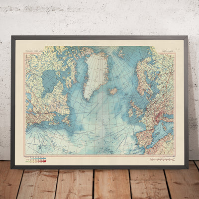 Carte du vieux monde de l'Atlantique Nord par le service topographique de l'armée polonaise, 1967 : représentation politique et physique détaillée, vastes routes commerciales maritimes et projection cartographique équilibrée