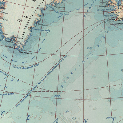 Mapa del Atlántico Norte del Viejo Mundo realizado por el Servicio de Topografía del Ejército Polaco, 1967: representación política y física detallada, extensas rutas comerciales marítimas y proyección cartográfica equilibrada