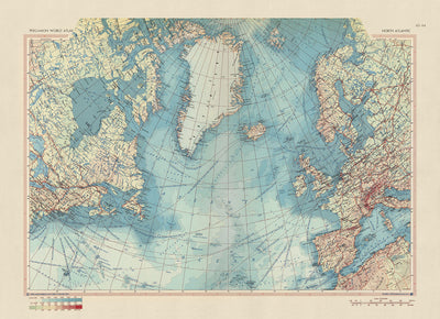 Alte Weltkarte des Nordatlantiks vom Topografischen Dienst der polnischen Armee, 1967: Detaillierte politische und physische Darstellung, ausgedehnte Seehandelsrouten und ausgewogene kartografische Projektion