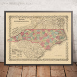 Ancienne carte de la Caroline du Nord par JH Colton, 1858 : Raleigh, Wilmington, New Bern, Fayetteville et Asheville