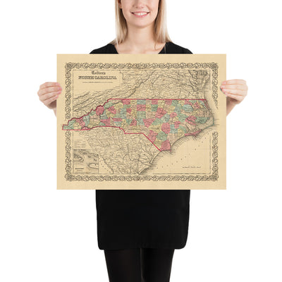 Ancienne carte de la Caroline du Nord par JH Colton, 1858 : Raleigh, Wilmington, New Bern, Fayetteville et Asheville