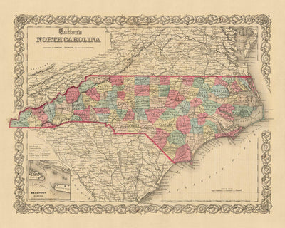 Alte Karte von North Carolina von JH Colton, 1858: Raleigh, Wilmington, New Bern, Fayetteville und Asheville