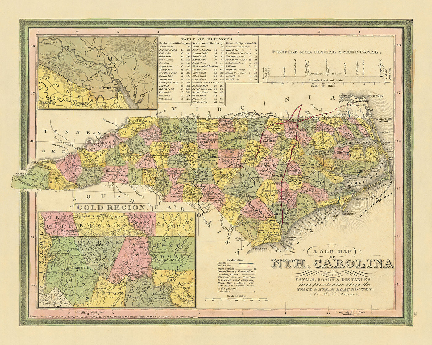 Ancienne carte de la Caroline du Nord par Tanner, 1841 : Raleigh, Charlotte, Asheville, Greensboro et Wilmington