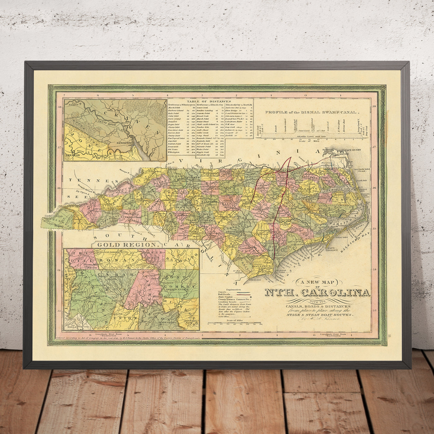 Mapa antiguo de Carolina del Norte de Tanner, 1841: Raleigh, Charlotte, Asheville, Greensboro y Wilmington