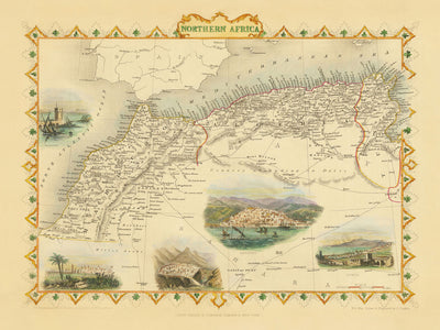 Ancienne carte de l'Afrique du Nord, 1851 : Tunis, Alger, Constantine, montagnes de l'Atlas, désert du Sahara