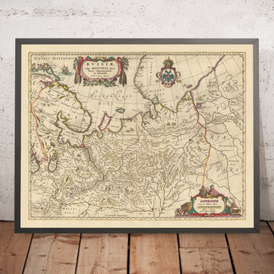 Ancienne carte du nord et de l'est de la Russie par Visscher, 1690 : Arkhangelsk, Kazan, Vologda, Yaroslavl, toundra de Mourmansk