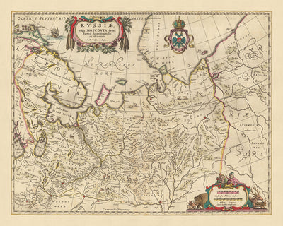 Mapa antiguo del norte y este de Rusia por Visscher, 1690: Arkhangelsk, Kazán, Vologda, Yaroslavl, Murmansk Tundra