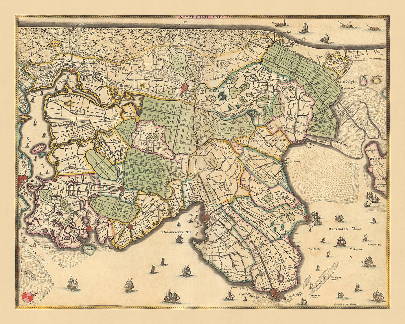 Mapa antiguo de Holanda Septentrional de Visscher, 1690: Amsterdam, Alkmaar, Hoorn, Beverwijk, Purmerend