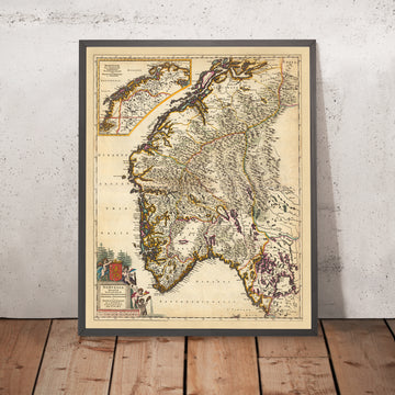 Alte Karte von Norwegen von Visscher, 1690: Oslo, Trondheim, Bergen, Stavanger, Jotunheimen Nationalpark 