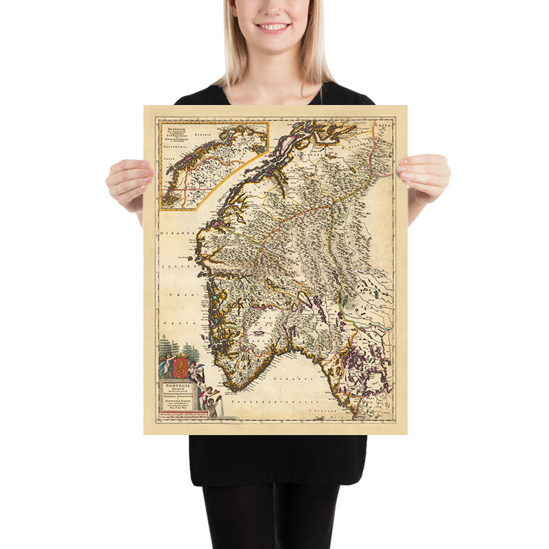 Old Map of Norway by Visscher, 1690: Oslo, Trondheim, Bergen, Stavanger, Jotunheimen National Park