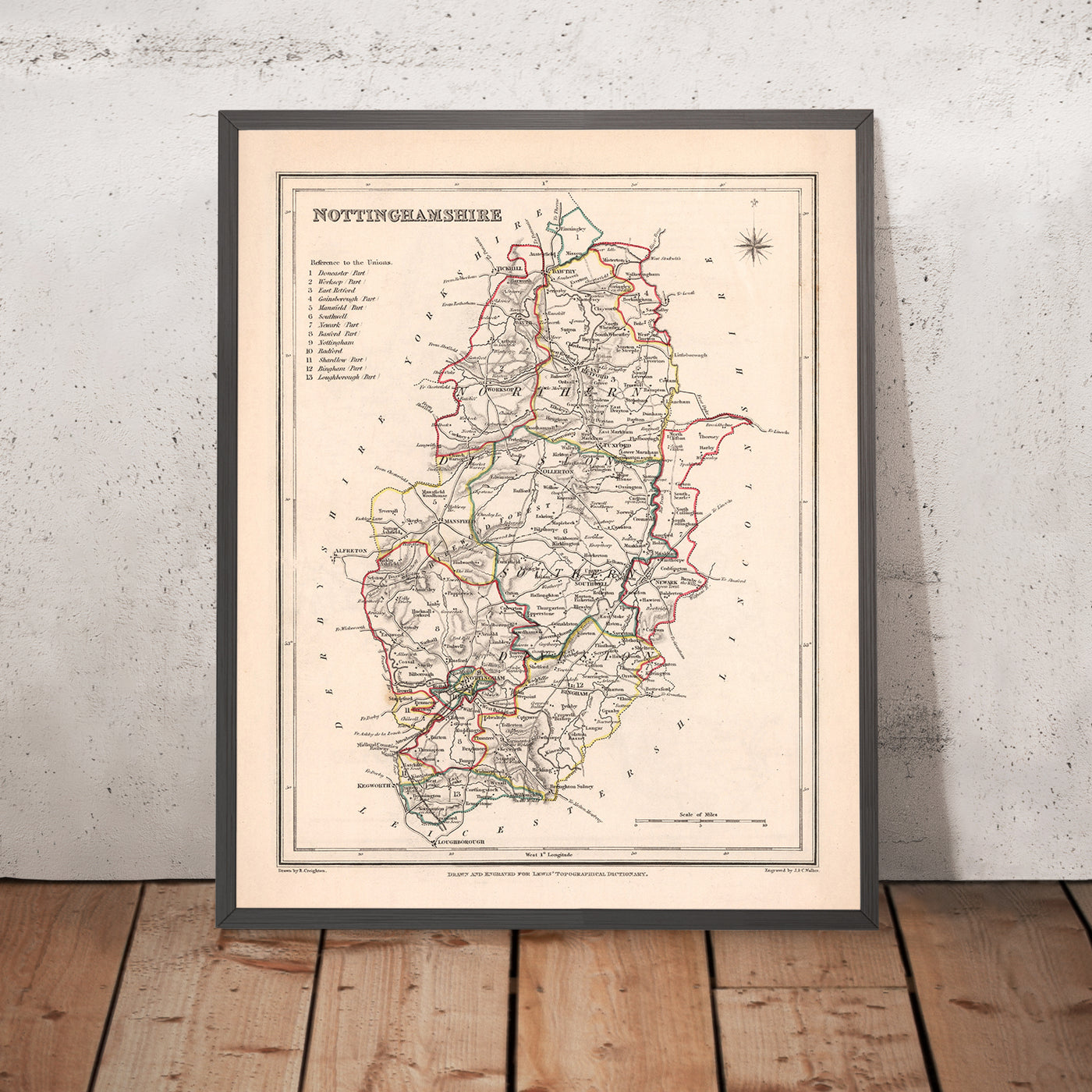 Alte Karte von Nottinghamshire von Samuel Lewis, 1844: Nottingham, Mansfield, Worksop, Newark, Retford
