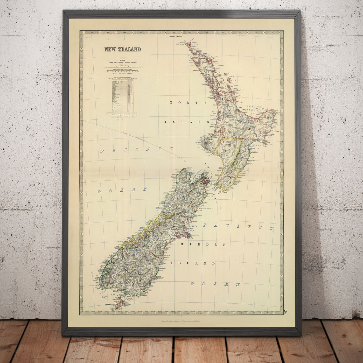 Ancienne carte de la Nouvelle-Zélande en 1879 par AK Johnston - Auckland, Christchurch, Wellington, Queenstown, Dunedin