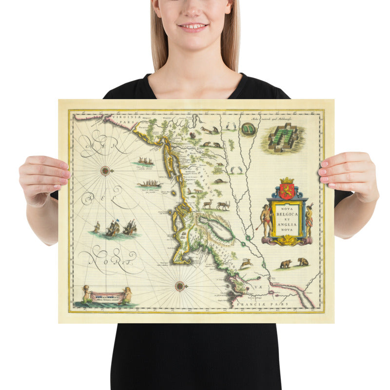 Mapa antiguo de Nueva Holanda y Nueva Inglaterra en 1640 por Willem Blaeu - Manhattan, Providence, Nueva York, Boston, Nueva Jersey