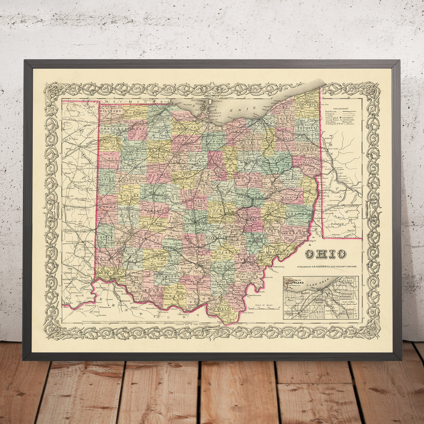 Mapa antiguo de Ohio por JH Colton, 1855: Cincinnati, Cleveland, Columbus, Dayton y Toledo