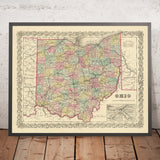 Mappa antica dell'Ohio di J. H. Colton, 1855: Cincinnati, Cleveland, Columbus, Dayton e Toledo 