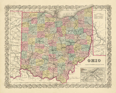 Ancienne carte de l'Ohio par JH Colton, 1855 : Cincinnati, Cleveland, Columbus, Dayton et Toledo