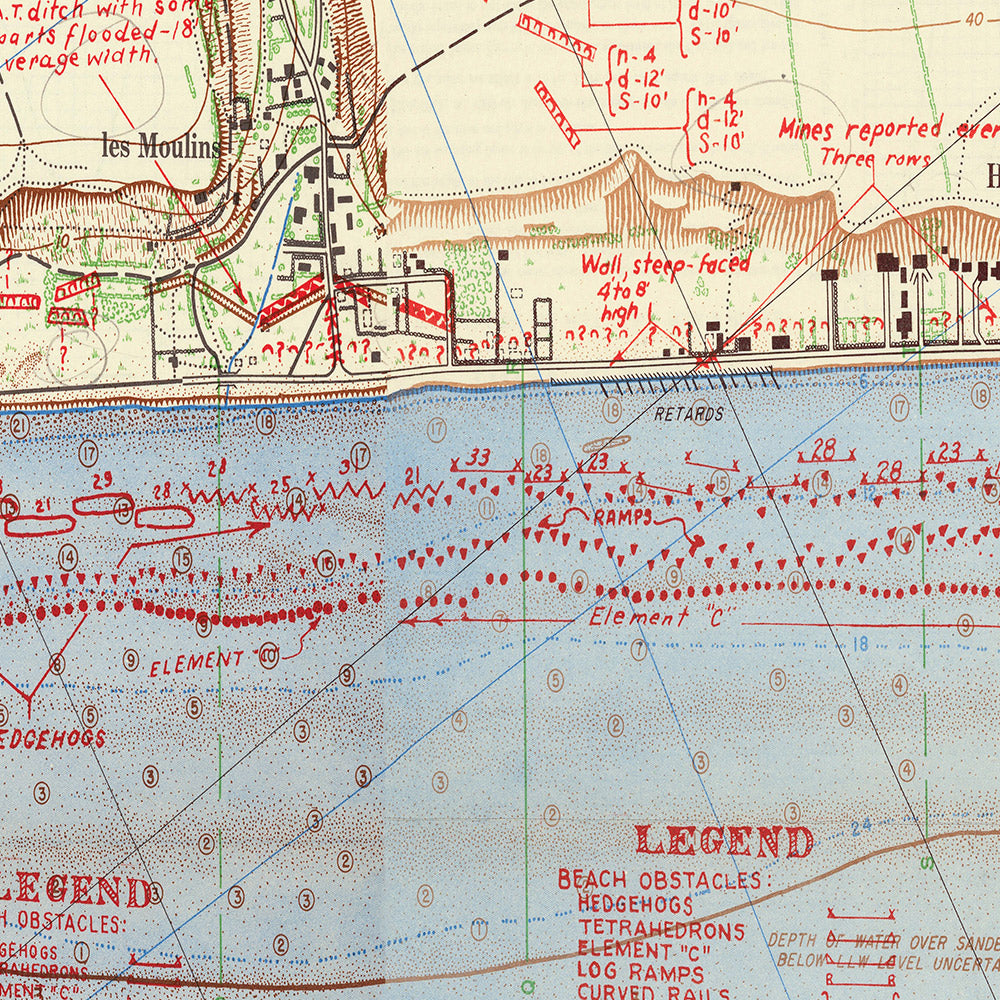 Antiguo mapa militar de los planes de batalla del Día D de Omaha Beach por parte del ejército estadounidense, 1944: Normandía, Colleville-sur-Mer, Vierville-sur-Mer, Pointe du Hoc, Sainte-Mère-Église