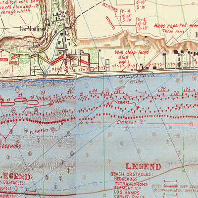 Old Military Map of Omaha Beach D-Day Battle Plans, 1944: US Army, Colleville-sur-Mer, Vierville-sur-Mer, Beach Obstacles