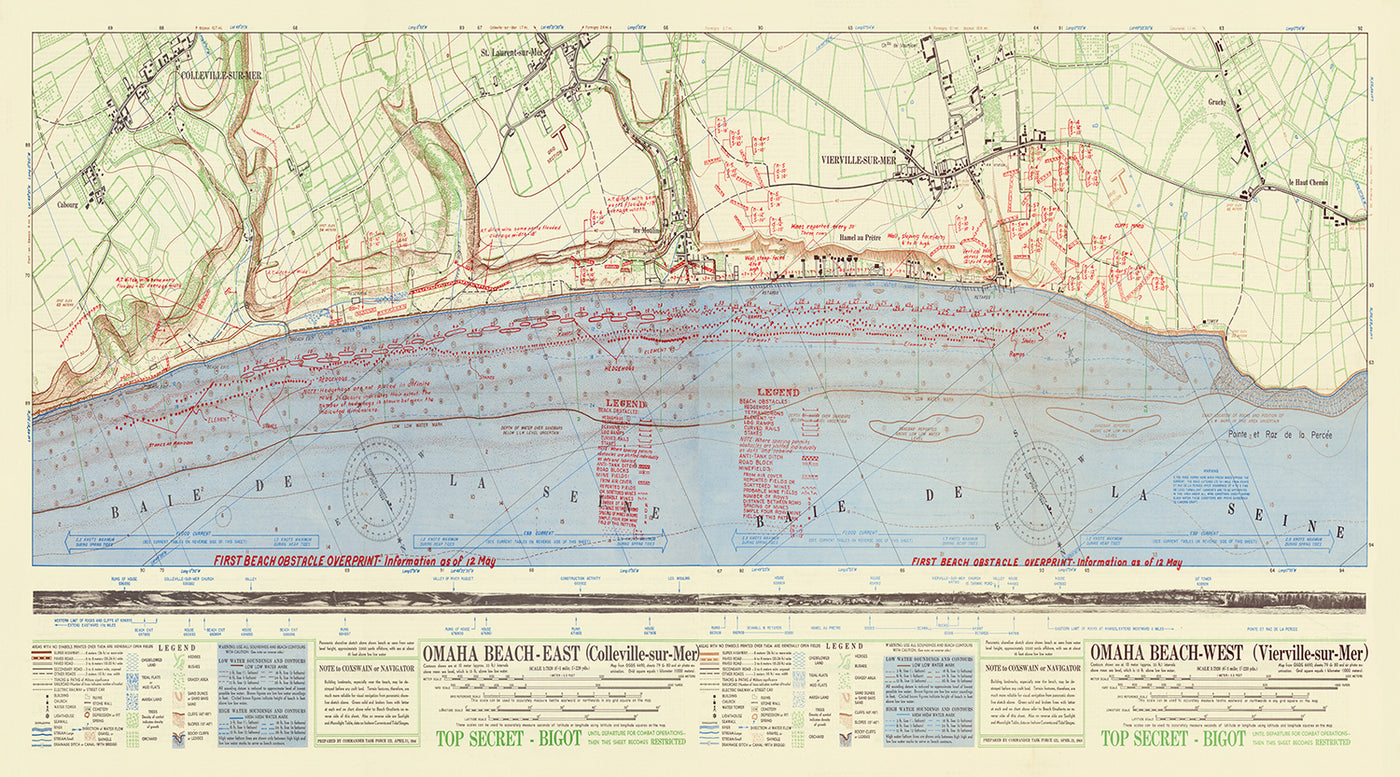 Antiguo mapa militar de los planes de batalla del Día D de Omaha Beach por parte del ejército estadounidense, 1944: Normandía, Colleville-sur-Mer, Vierville-sur-Mer, Pointe du Hoc, Sainte-Mère-Église