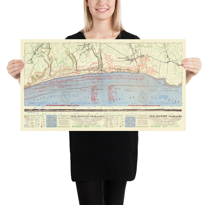 Ancienne carte militaire des plans de bataille du jour J d'Omaha Beach par l'armée américaine, 1944 : Normandie, Colleville-sur-Mer, Vierville-sur-Mer, Pointe du Hoc, Sainte-Mère-Église