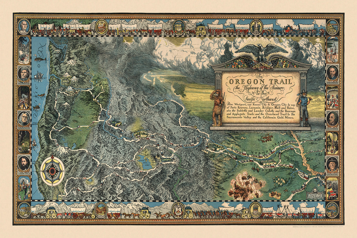 Ancienne carte de l'Oregon Trail par William Forsyth McIlwraith, 1932 : Mormon Trail, Westport, Whitman Mission, Fort. Vancouver