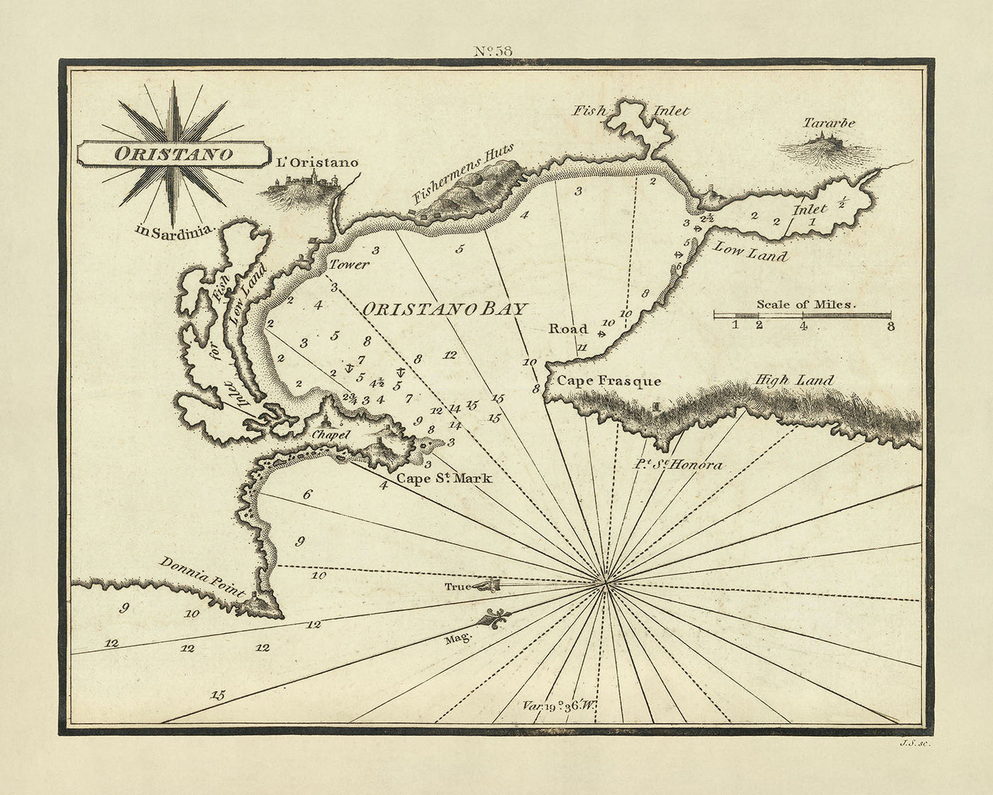 Old Oristano Nautical Chart by Heather, 1802: Sardinia, Rococo Style, Soundings