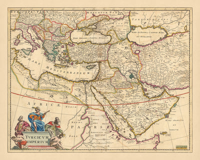 Old Map of the Ottoman Empire by Visscher, 1690: Middle East, Southern Europe, Northeast Africa, Mediterranean Sea, Red Sea